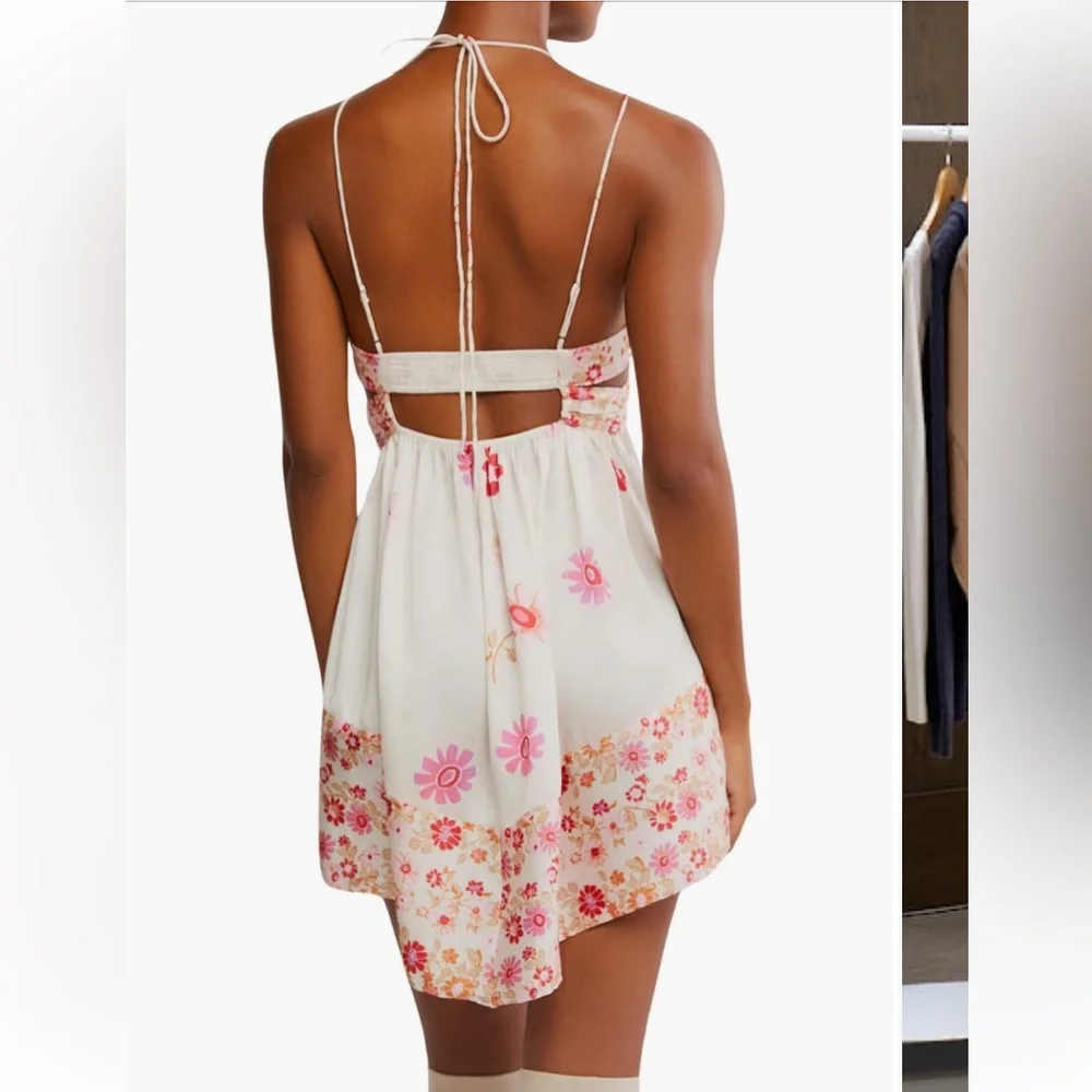 Free People Oasis Placed Floral Mini Slip Dress Cutout Satin Pink White L New - Picture 11 of 11